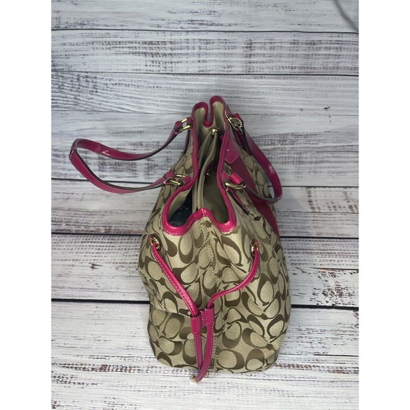 COACH F28501 Signature Stripe Drawstring Carryall Satchel Bag Pink Purse - Picture 6 of 16
